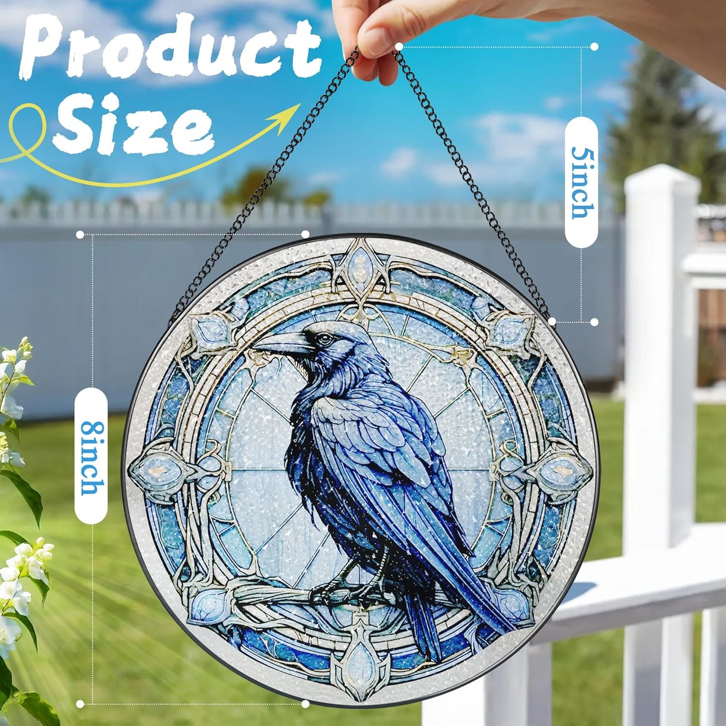 8 Inch Stained Glass Suncatcher Ornament, DOUHASU Crow Sun Catchers Indoor Window, Stained Glass Window Hanging, Home Decor, Bird Lovers Gifts for Women, Men