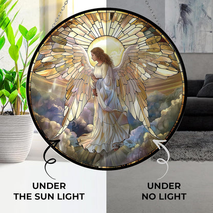 Angel Mushroom Suncatcher Stained Glass Window Hanging, 12'' Hand-Painted Floral Sun Catcher Window Wall Decor with Chain, Birthday Gifts for Mom Grandma Wife