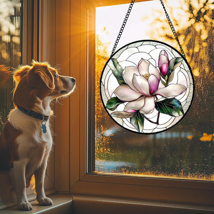 Stained Glass Window Hanging - Pink Magnolia Flower Petal Suncatcher for Doors Window Home Sun Catchers Decor Christmas Mother's Day Birthday Gifts for Teacher Women Men Mom Nana 7.8 in