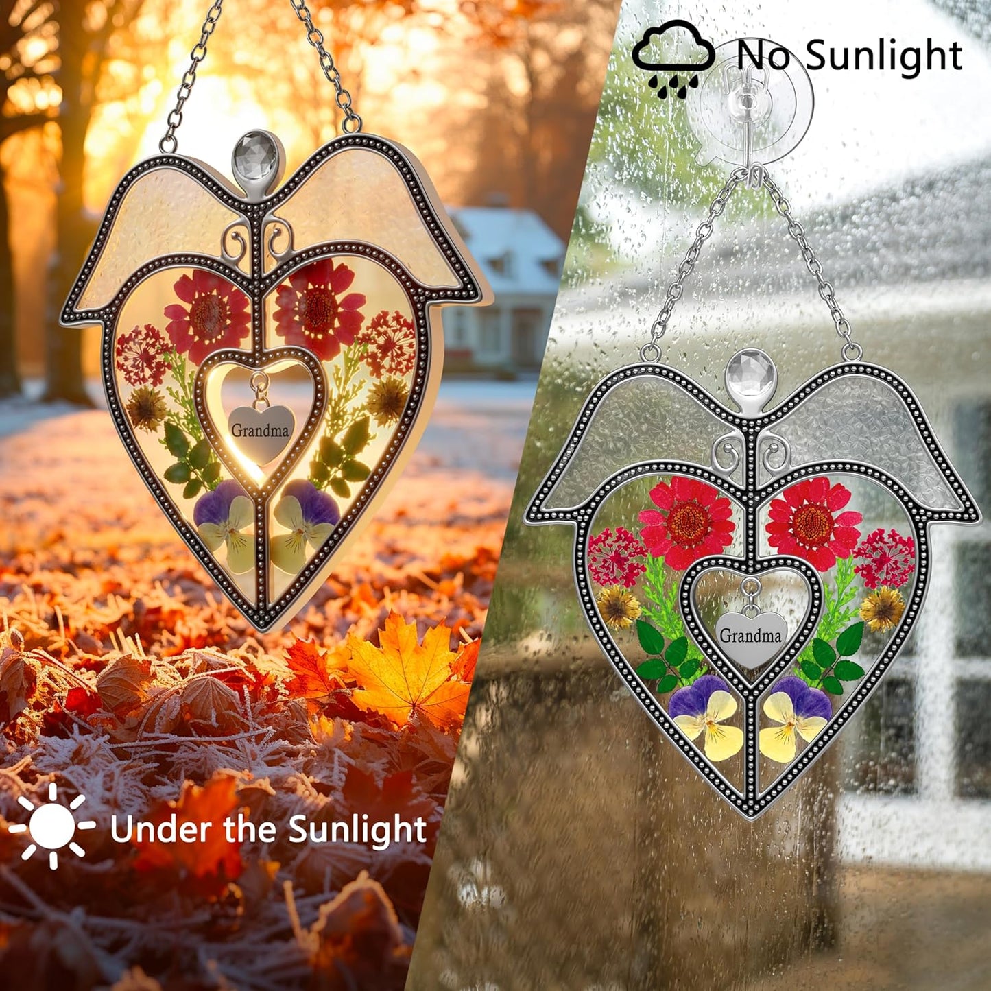 KY&BOSAM Angel Heart Suncatcher Grandma Gifts Stained Glass for Windows Hangings Wind Chime Ornaments with Pressed Real Flower and Metal Heart Charm Birthday Gifts for Women Mother`s Day Christmas