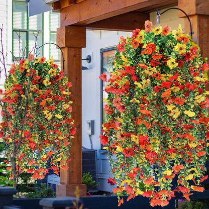 6 Pcs Artificial Fall Hanging Flowers Outdoor Silk Mum Plants Autumn Decor Faux Violet with Eucalyptus Realistic UV Resistant Trailing Vine Thanksgiving Porch Yard(Bright Color,Violet)