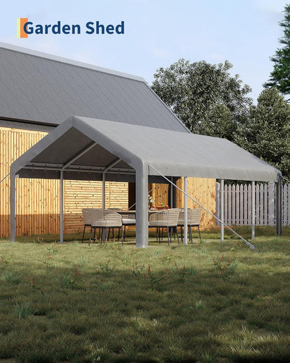 GarveeLife 13x25 ft Carport with 10 Sandbags, Car Port with 220 g PE Tarp, 2 Roll-Up Doors, and 4 Windows, for Full-Size Pickups, Bass Boats, Tractors, and SUVs, Gray
