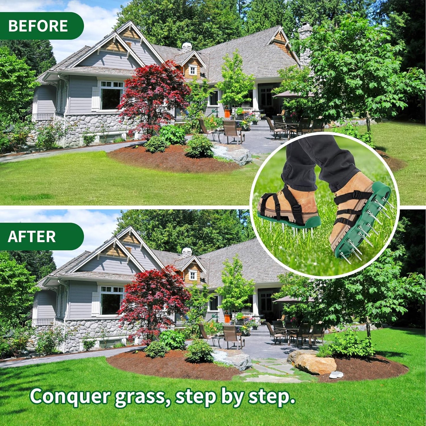 The Lawn Aerator Shoes for Grass, Epoxy Spiked Shoes with 1.65'' Sharp Short Spikes, Garden Grass Loosening Spike Shoes for Epoxy Flooring, 6 - Shoelace Design (Green, 11.8'' x 5.1'')