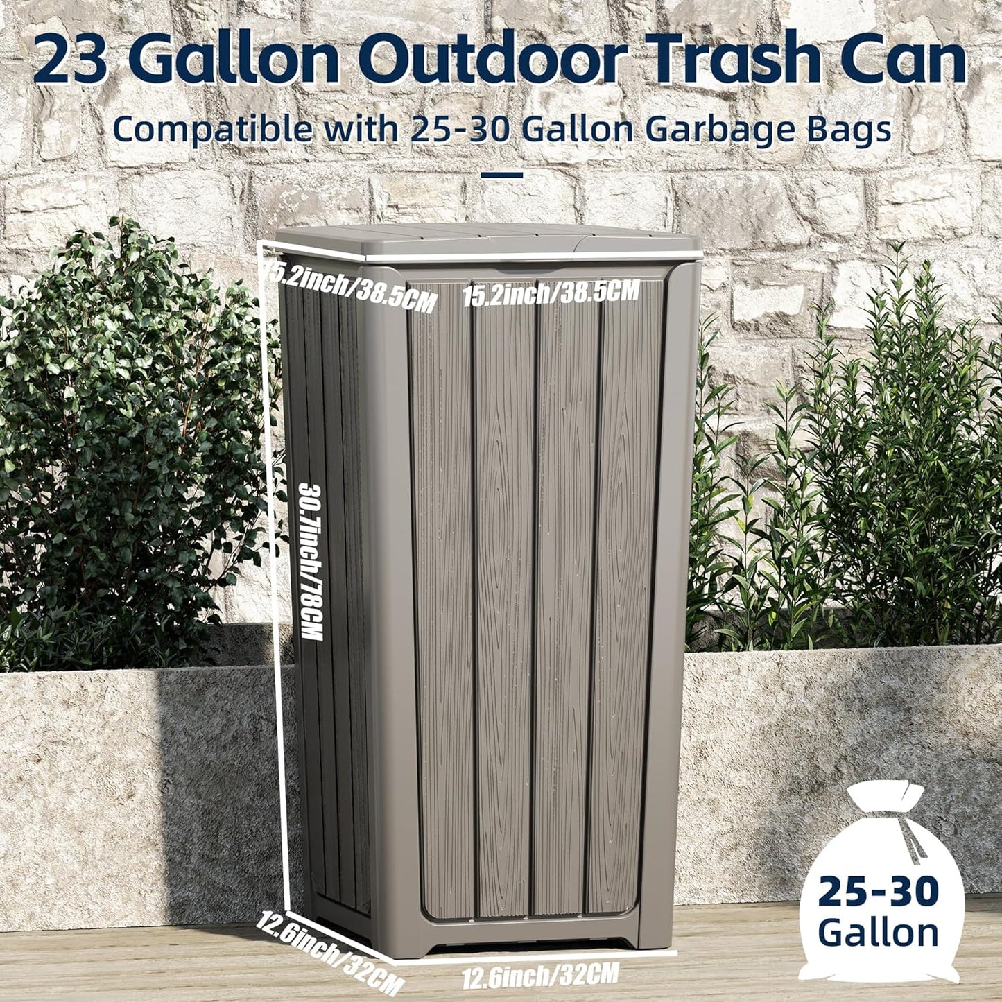 Outdoor Trash Can 23 Gallon Garbage Can with Lid Waterproof Resin Garbage Patio Waste Bin for Garden, Backyard, Deck,Gray