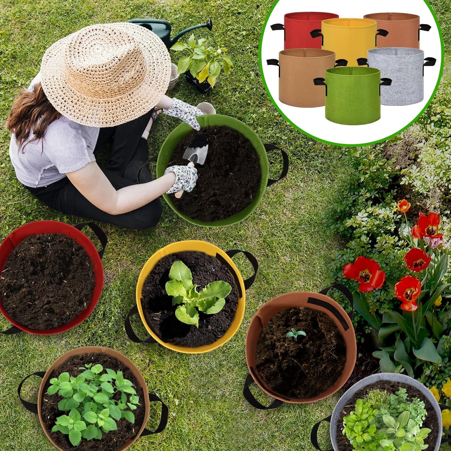 6-Pack Fabric Grow Bags 5 Gallon – Colorful 300G Thickened Nonwoven Planter Pots with Sturdy Handles, Breathable Garden Bags for Vegetables, Potato, Flowers