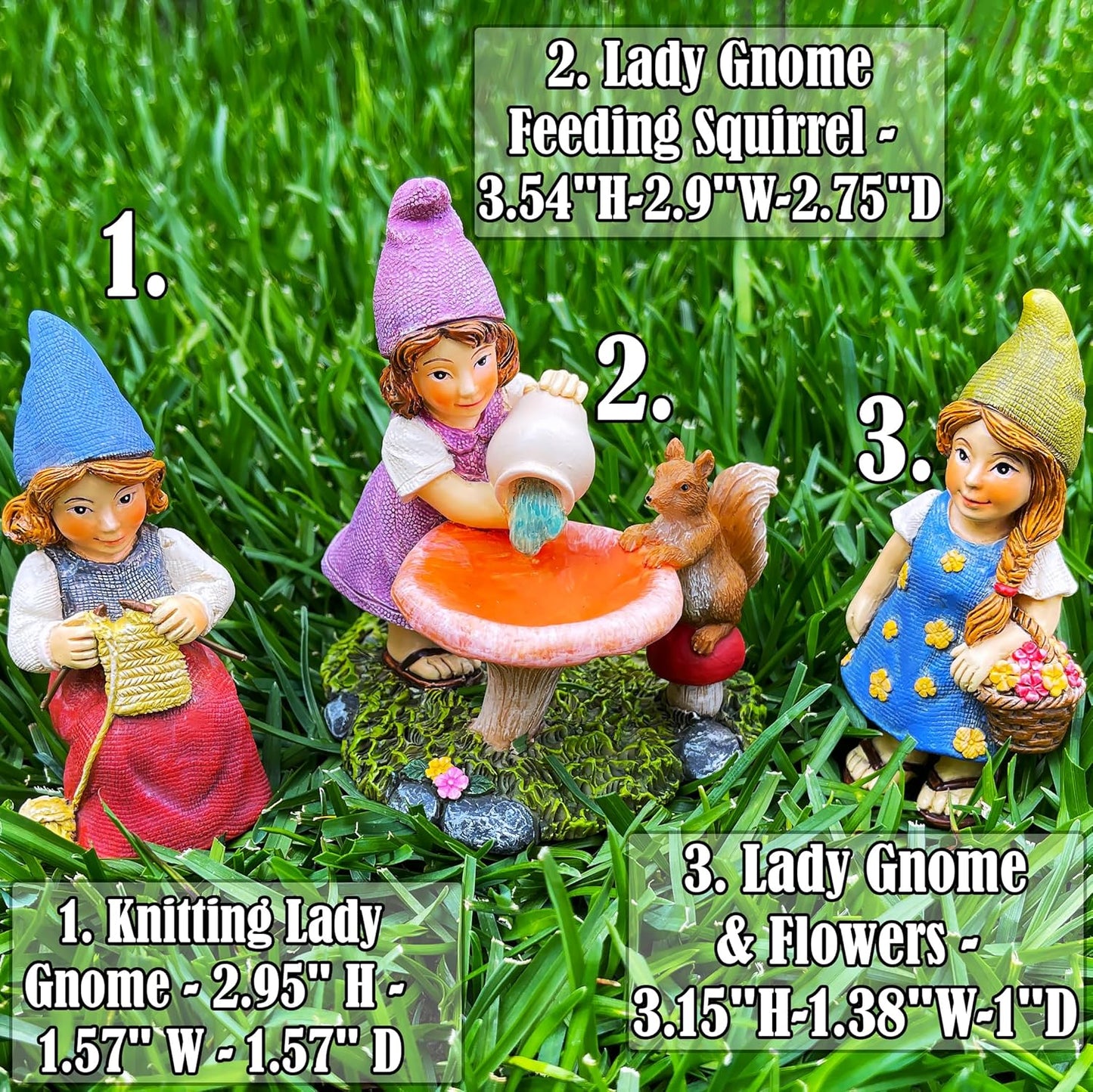 Mood Lab Miniature Garden Gnomes - Lady Gnomes Kit of 3 pcs - Figurines & Accessories Set - Outdoor or House Decor