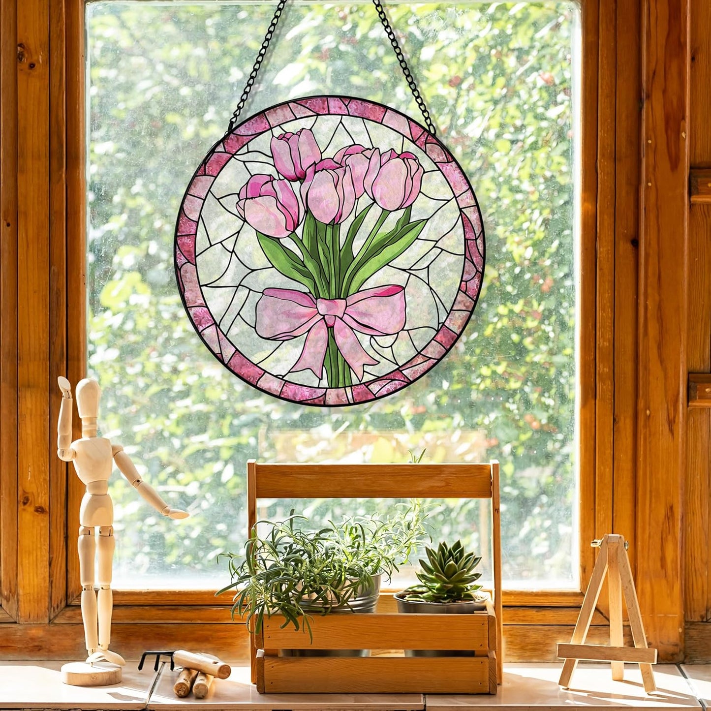 Coquette Pink Bow Tulip Flower Suncatcher Stained Glass Garden Window Hanging, Pink Tulip Flower Sun Catchers Indoor Window Glass Round Wall Decor, Floral Wall Art Hanging Decorations, ＂7.8x7.8＂