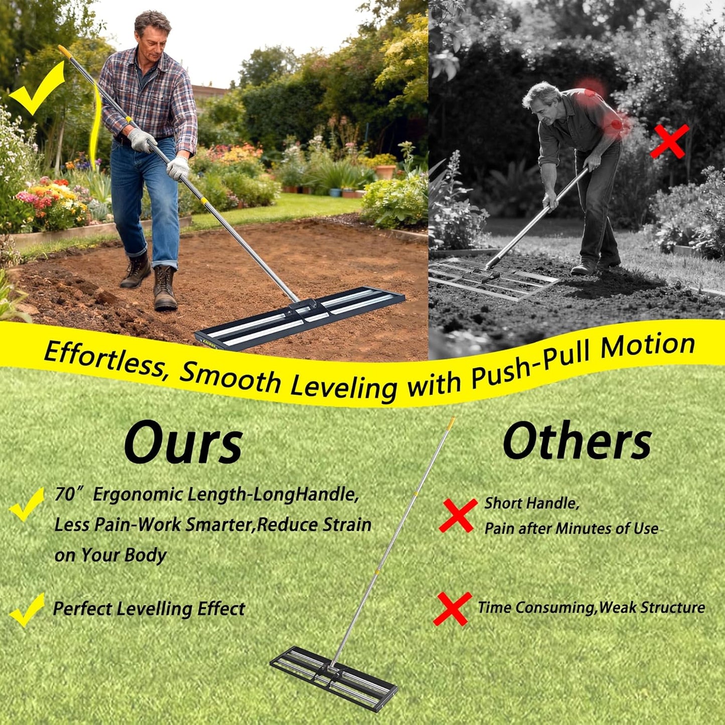 48"x10"Lawn Leveling Rake with Aluminum Rollers, Stainless Steel Yard Lawn Leveler Tool with Adjustable Long Handle, Yard Leveling Rake Suit, Levelawn Tool for Soil, Grass, Golf Course, Garden, Farm