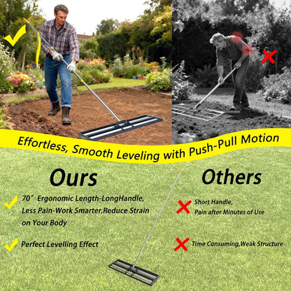 36"x10"Lawn Leveling Rake with Aluminum Rollers, Stainless Steel Yard Lawn Leveler Tool with Adjustable Long Handle, Yard Leveling Rake Suit, Levelawn Tool for Soil, Grass, Golf Course, Garden, Farm