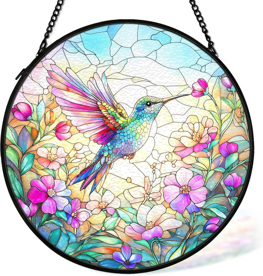 Hummingbird Flower Whimsical Suncatcher Stained Glass Window Hanging Decor, Cottagecore Birds