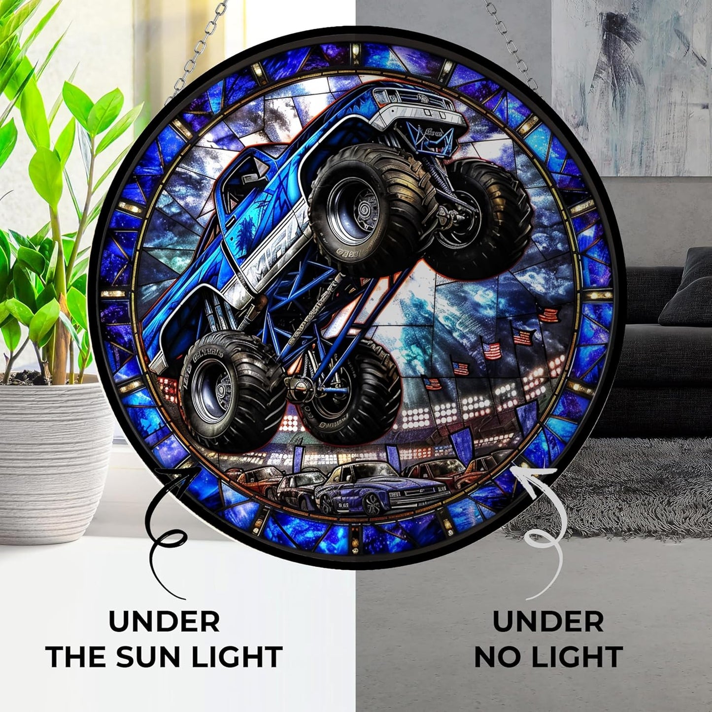 Monster Truck Stained Glass Window Hanging Window Suncatcher 12" Glass Panel with Metal Chain and Hooks Sun Catchers Indoor Wall Art Home Decor Gift for Women Mother's Day