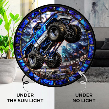 Monster Truck Stained Glass Window Hanging Window Suncatcher 12" Glass Panel with Metal Chain and Hooks Sun Catchers Indoor Wall Art Home Decor Gift for Women Mother's Day