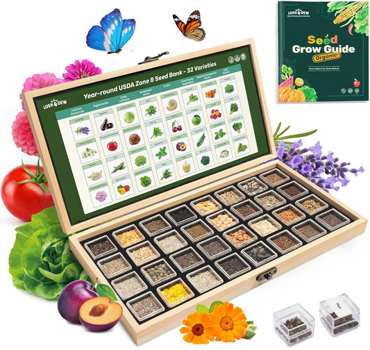 USDA Zone 8 Heirloom Seed Bank, 30,000+ Non-GMO 32 Varieties of Seeds for Planting Vegetables, Survival Seed Kit for Raised Garden Bed, Greenhouse, Gardening Gifts for Women Men