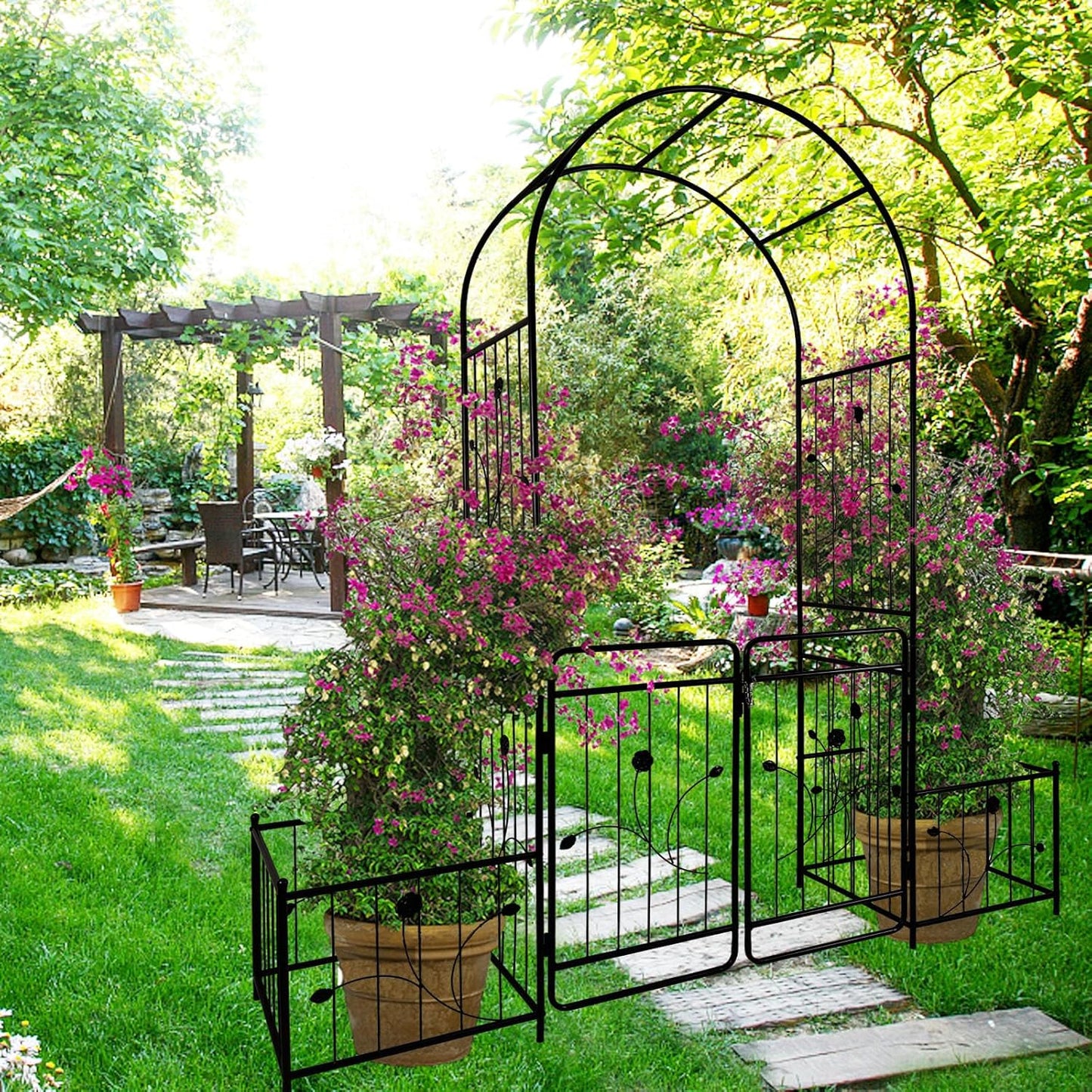 Metal Garden Arbor Arch with Gate and Plant Box Climbing Plants Outdoor Plant Support Rose 86.6''H Arch Outdoor Lawn Wedding Party Events Archway, Black