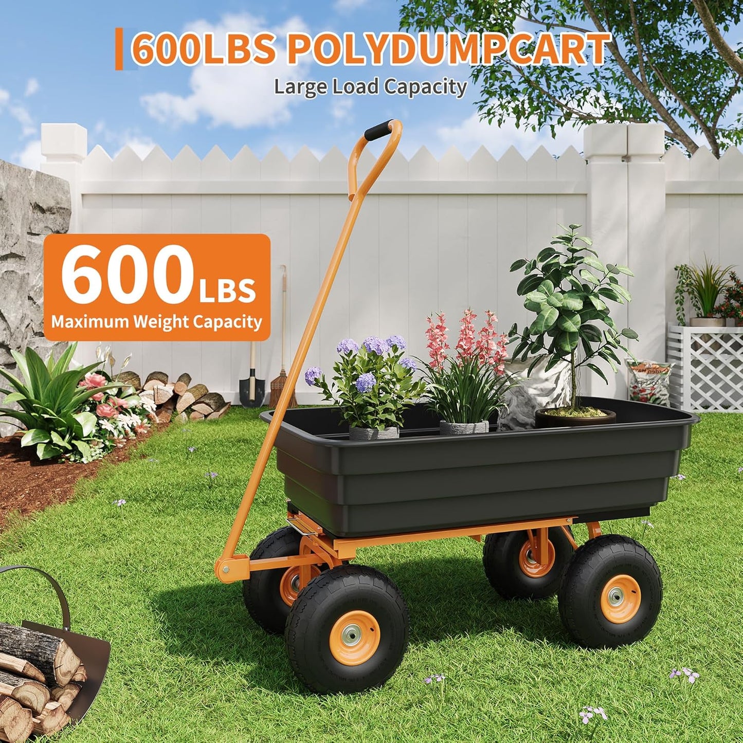 4 Cu.Ft. 600Lbs Garden Cart Dump Wagon, Heavy-Duty 4 Wheel Wheelbarrow Yard Cart with 10-Inch All-Terrain Wheels, Features A Quick-Release Tipping Function, for Courtyards, Farm and Gardening