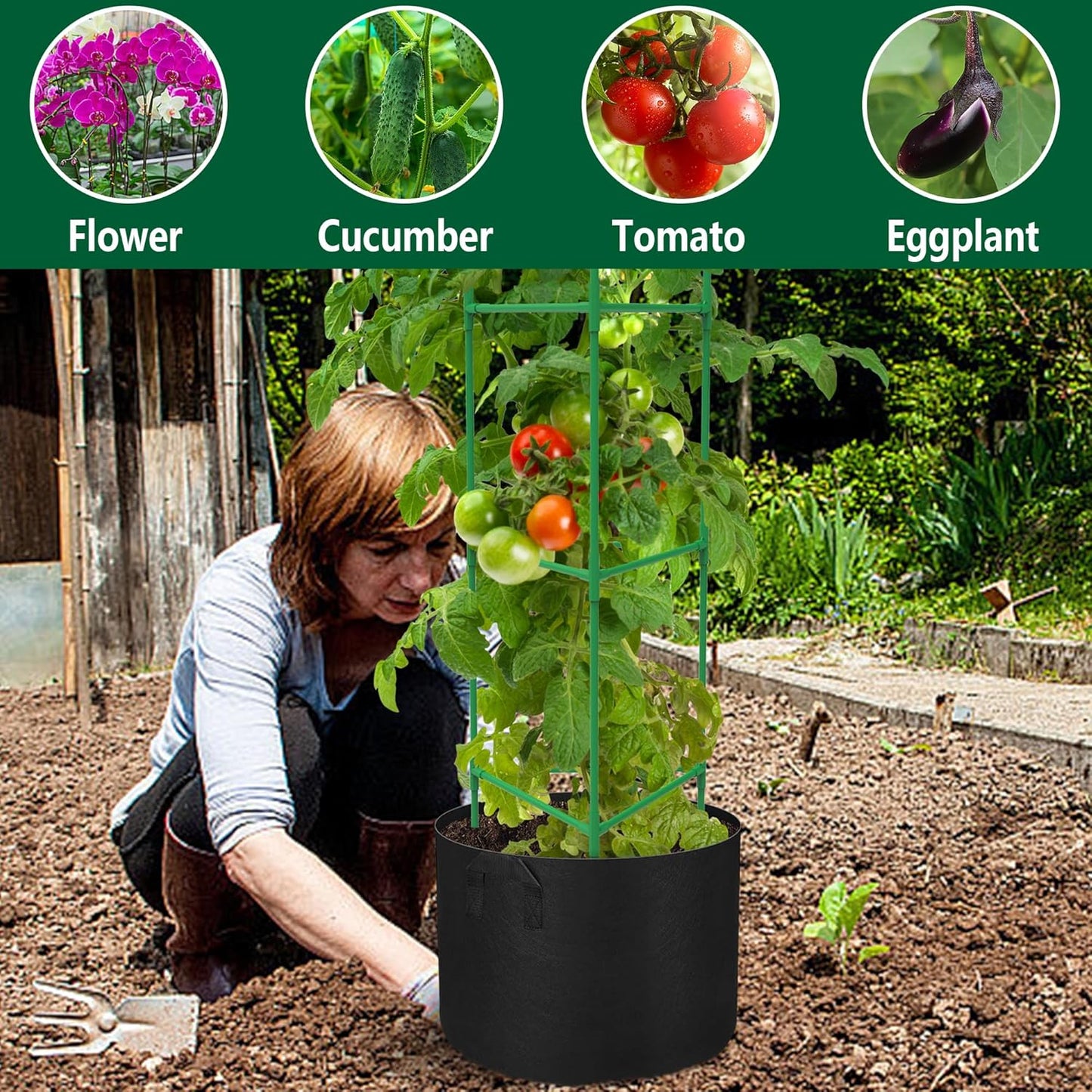 4 Packs 47 x 12 Inch Garden Tomato Cages with Grow Bags- Triangle Plant Support Trellis Assembled with Planter Bags- Garden Cucumber Vegetables Frames for Vertical Climbing Plants