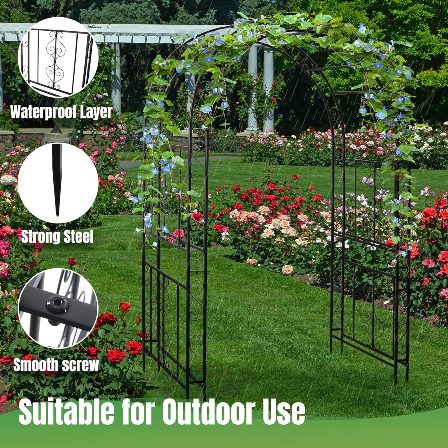 7FT Black Garden Arbor Trellis, Outdoor Metal Garden Arch for Climbing Plants Flowers Vines, Metal Lightweight Wedding Decoration Frame Archway for Lawn Bridal Party Ceremony Holiday Event