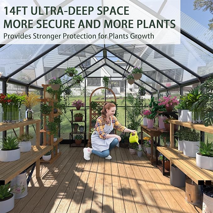 Greenhouses for Outdoors, 8x14.2 FT Polycarbonate Greenhouses with Adjustable Roof Vent, Windproof, Walk-in Aluminum Frame Green Houses for Outside with Sliding Doors, Garden(8x14.2FT)