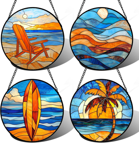 Stained Glass Window Hanging 4 Pcs Set Blue Orange Ocean Beach Theme Large 11.8" - Suncatcher Door