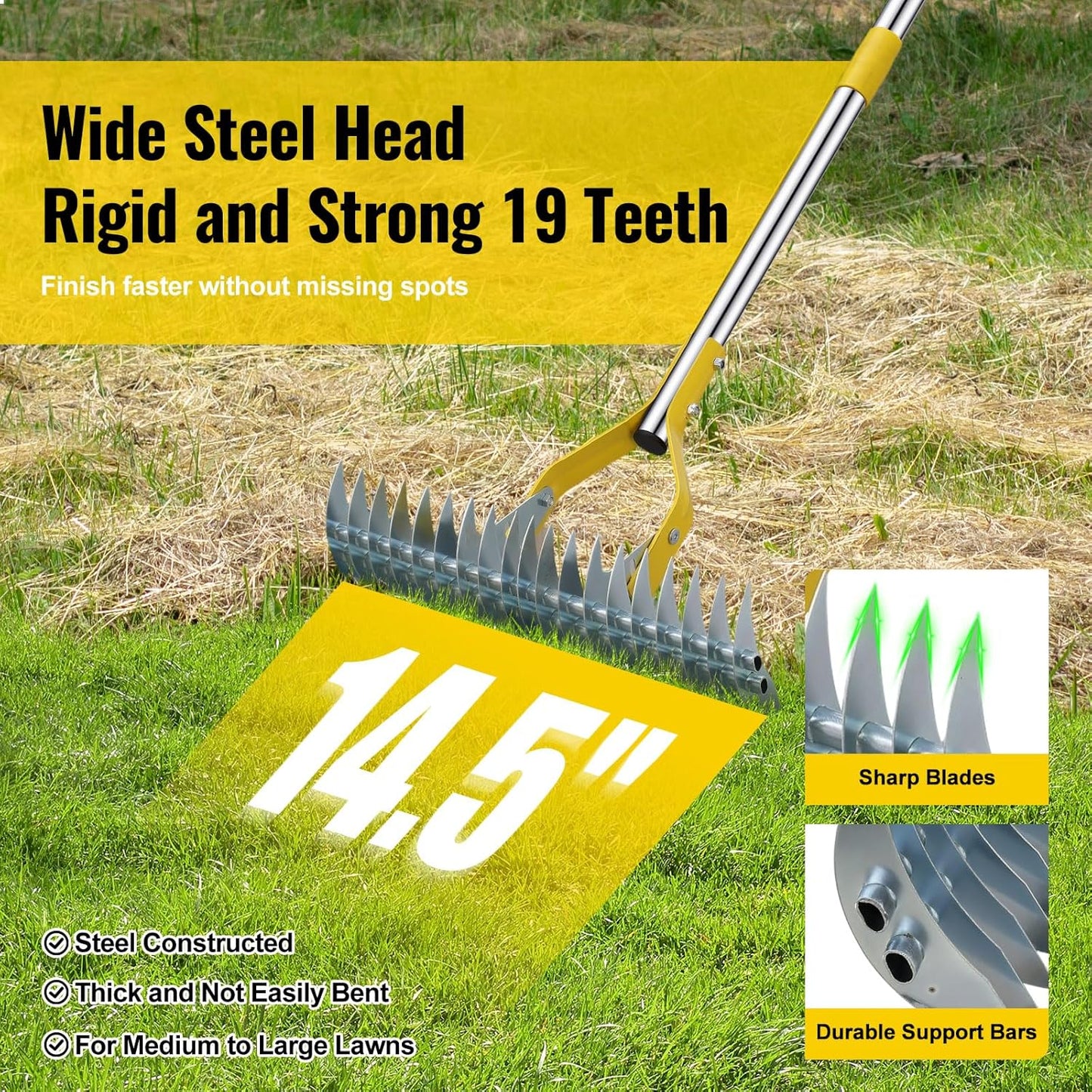 Garden Leaf Rake: Dual Function Thatching Rake for Lawn Dead Grass Leaves, Stainless Steel Heavy Duty 69” Lawn Dethatcher with Sharp 19 Tines, Fast Weeds, Leaf, Thatch, Dead Grass Removal Garden Tool