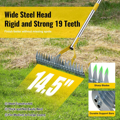 2 in 1 Rake: Stainless Steel Garden Rake for Leaves,Thatch,55” Heavy Duty 19 Tines Lawn Manual Dethatcher with Adjustable Head,Thatching Rakes for Lawn Yard Grass, Debris Removal, Soil Loosening