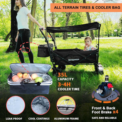 SKYMANOR Collapsible Wagon Folding Garden Cart with Removable Canopy Utility Wagon Cart with All-Terrain Wheels Brake Beach Cart for Sand Heavy Duty Beach Wagon for Camping Shopping (Black)