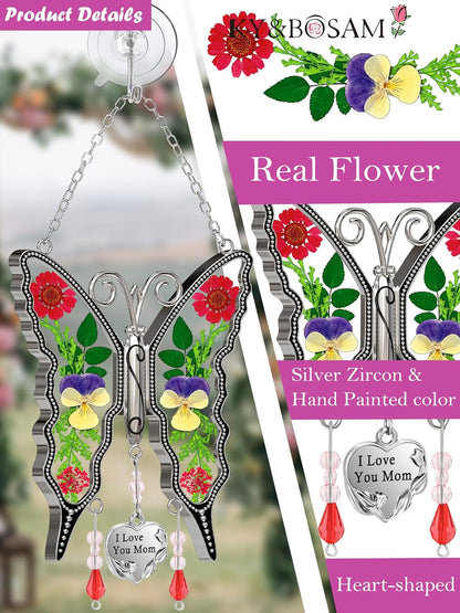 KY&BOSAM for Mom Suncatcher Butterfly Mother Gift I Love You Mom Stained Glass Suncatchers Hanging for Window Wind Chime Ornament Birthday Mother`s Day Gift Valentine`s Christmas