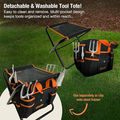 GardenHOME 7-Piece Gardening Tool Set – Stainless Steel Tools with Heavy-Duty Folding Stool and Canvas Tote Bag, Black and Orange – Practical for Men, Gardeners, and DIY Yard Work