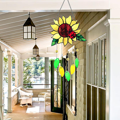 Stained Glass Suncatcher, Sunflower and Ladybug Window Hanging, 20 x 8 inches, Hand-Painted (Style 1)
