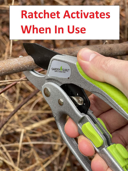 Garden Guru Ratchet Pruning Shears - Professional Garden Clippers with Ergonomic Grip and Brush - Makes Tough Cuts Easy (2 Pack)