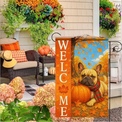 Thanksgiving Fall Garden Flag 12x18 Inch Welcome French Bulldog Dog Outdoor Flag Double Sided Autumn Yard Banner with Pumpkin Plaid Scarf Decor for Porch Lawn Patio