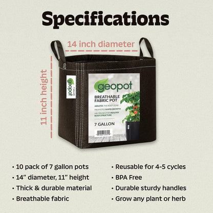 GeoPot 7 Gallon Fabric Grow Bags with Handles for Vegetables, Houseplants, Herbs & Flowers |5-Pack| Fabric Pots for Outdoors and Indoors, Aerated Fabric Grow Bags