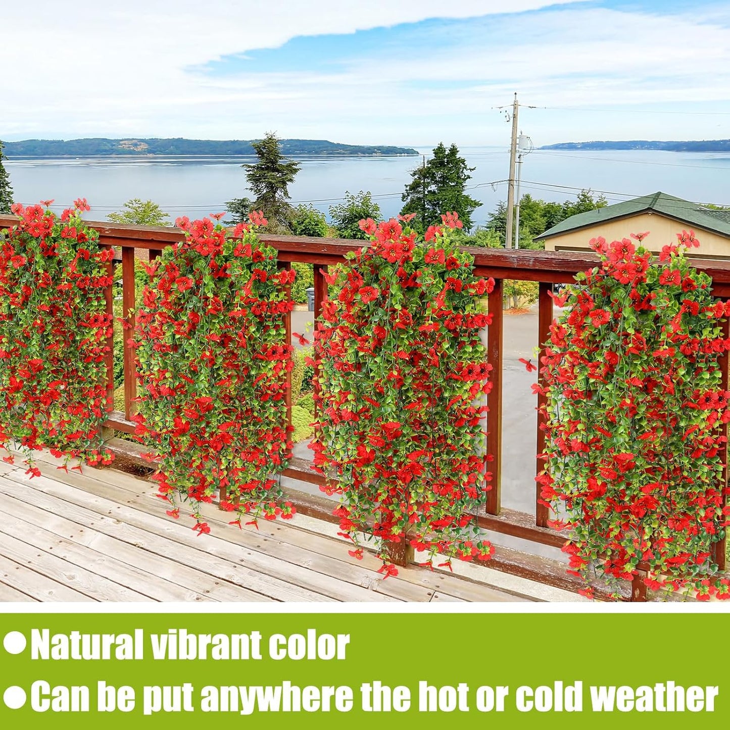 6 Pcs Artificial Fall Hanging Flowers Outdoor Silk Mum Plants Autumn Decor Faux Violet with Eucalyptus Realistic UV Resistant Trailing Vine Thanksgiving Porch Yard(Red,Violet)