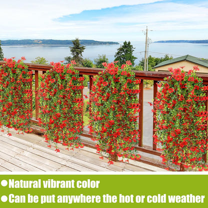 6 Pcs Artificial Fall Hanging Flowers Outdoor Silk Mum Plants Autumn Decor Faux Violet with Eucalyptus Realistic UV Resistant Trailing Vine Thanksgiving Porch Yard(Red,Violet)