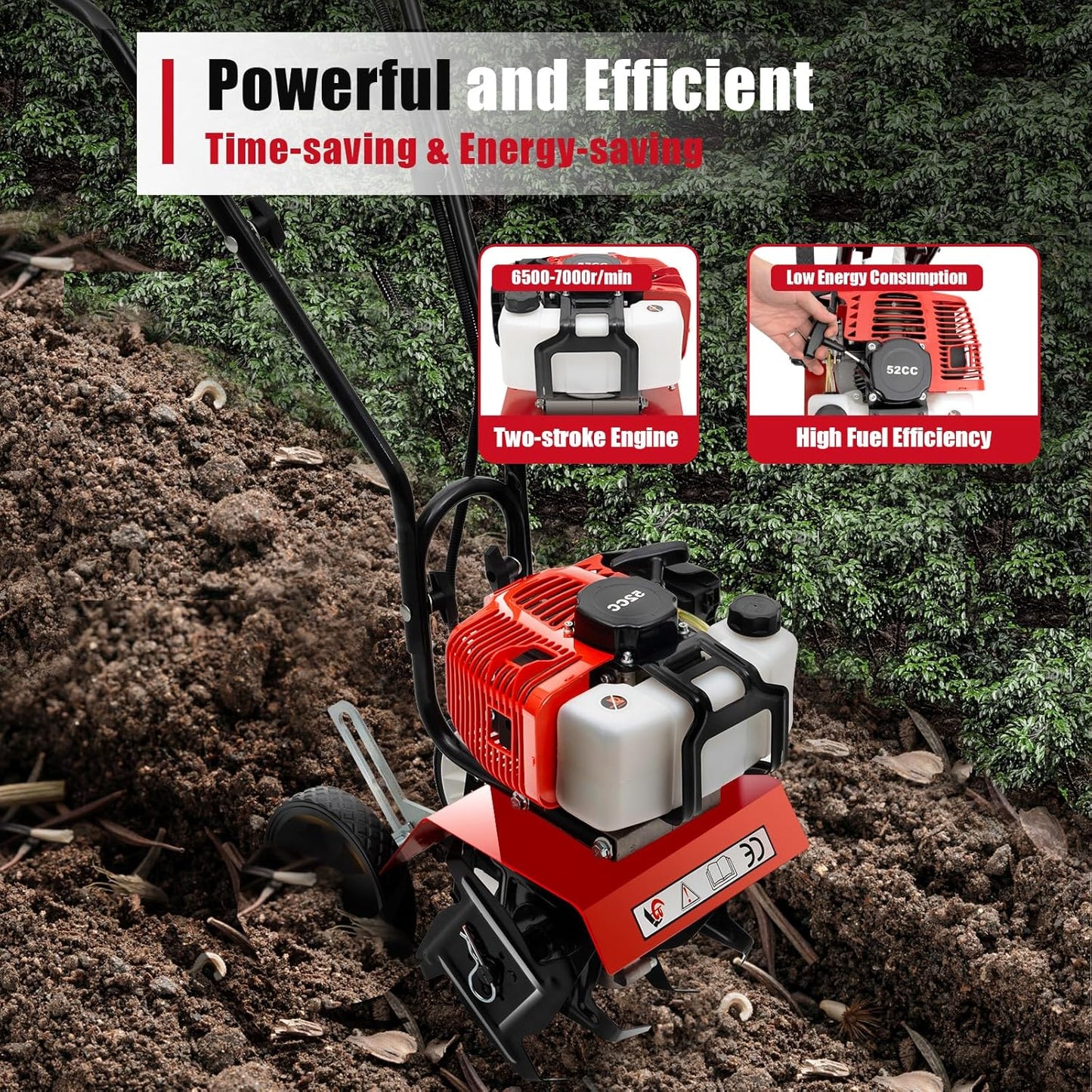 Mini Tiller Cultivator, Powerful 52cc Two-Stroke Single-Cylinder Gasoline Engine, Gear Drive Transmission, Height Adjustable Wheels, for Gardening RED