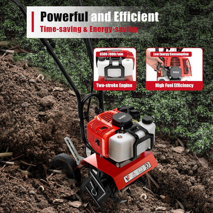 Mini Tiller Cultivator, Powerful 52cc Two-Stroke Single-Cylinder Gasoline Engine, Gear Drive Transmission, Height Adjustable Wheels, for Gardening RED