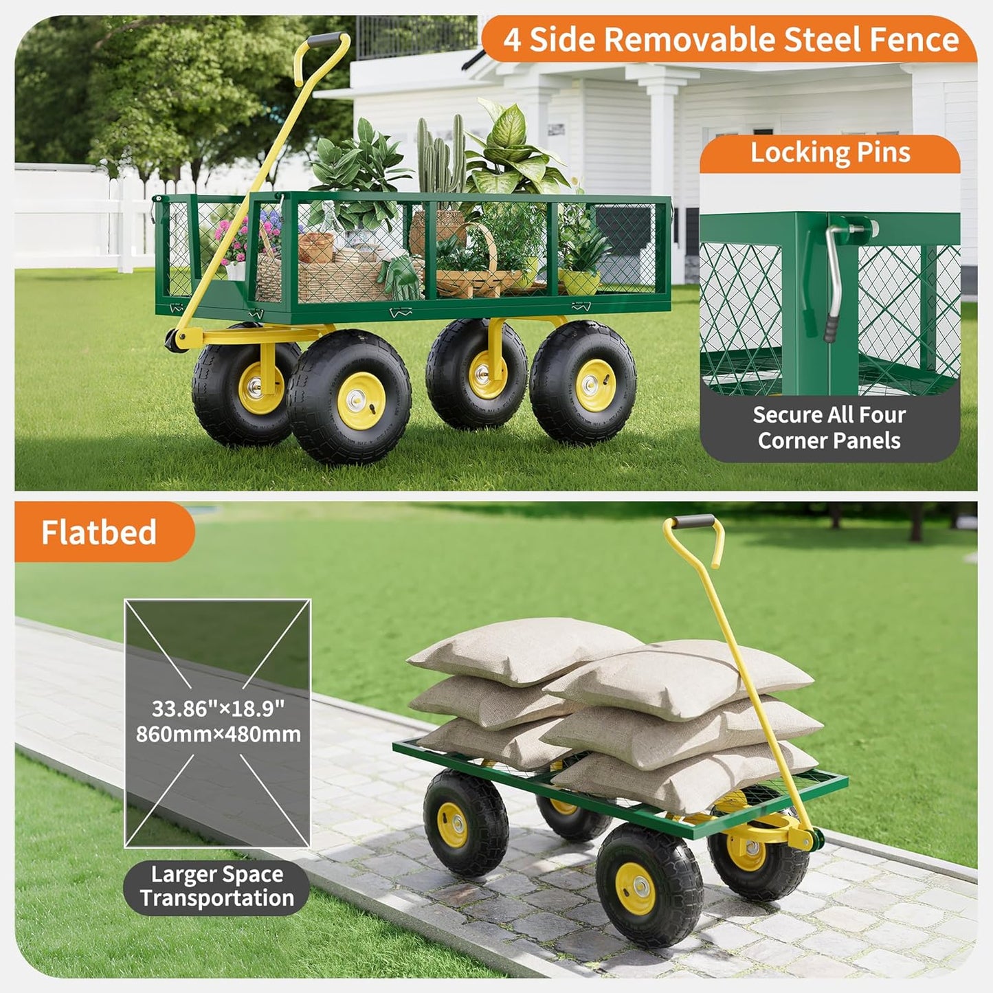 500 Lbs Garden Wagon, 2-in-1 Heavy-Duty Steel Garden Cart, with 10 Inch All-Terrain Tires and Removable Mesh Side Panels, 180° Rotating Handle, Metal Utility Yard Trailer, Outdoor Gardens Wagon Cart