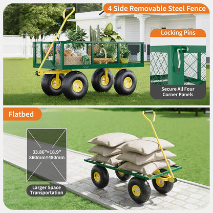 500 Lbs Garden Wagon, 2-in-1 Heavy-Duty Steel Garden Cart, with 10 Inch All-Terrain Tires and Removable Mesh Side Panels, 180° Rotating Handle, Metal Utility Yard Trailer, Outdoor Gardens Wagon Cart