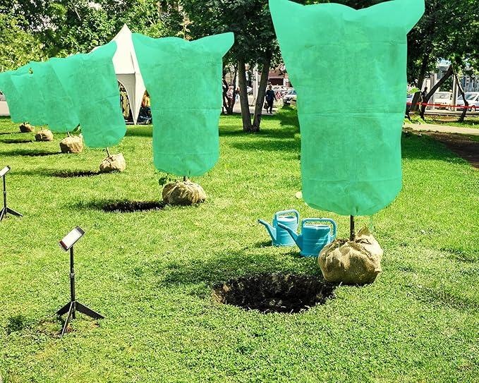 EAONE 12 Pack Plant Covers Freeze Protection, 32x47'' Winter Frosts Cloth for Outdoor Plants, Reusable Frost Blankets Drawstring Bags for Cold Freeze Sun Protection Bird Insect Prevention,Green