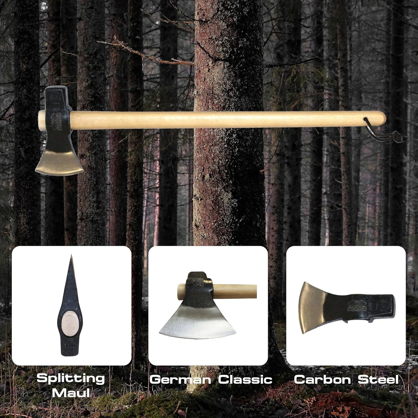 Prandi Axes Merlin C45 Forged Carbon Steel Splitting Maul - Hickory Handle with Leather String - Ideal for Firewood, Splitting, and Chopping - 35.43" L x 8.78" W, 3000g Head 3.014.30.TH - No Sheath