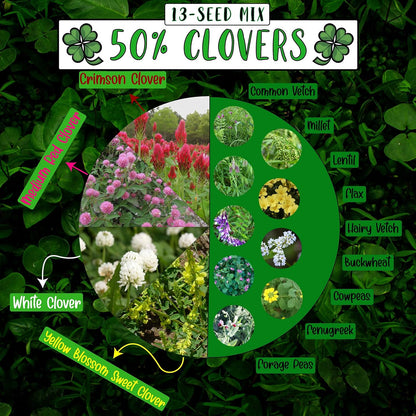 No-Till Cover Crop 13-Seed Mix: 50% Clovers Plus Fenugreek, Vetch, Flax, Cowpeas, Buckwheat, Forage Peas, Millet, Lentils (45-lb. Bag (Forty-Five Pound))