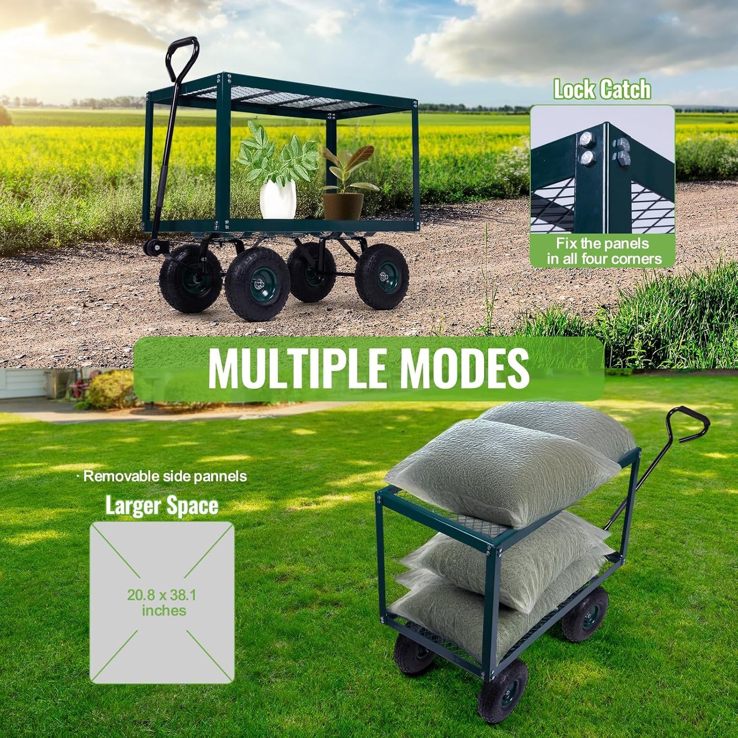 Backyard Expressions 2-Tier Heavy Duty Steel Garden Cart with Mesh Shelves and Pneumatic Wheels – Utility Wagon for Lawn, Yard, Landscaping & Outdoor Projects