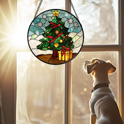 Stained Glass Window Hanging Green Christmas Tree Snowflake Large 15" - Suncatcher Door Garden Sun Catcher Xmas Holiday Decor Birthday for Mom Men Woman Friend Nana
