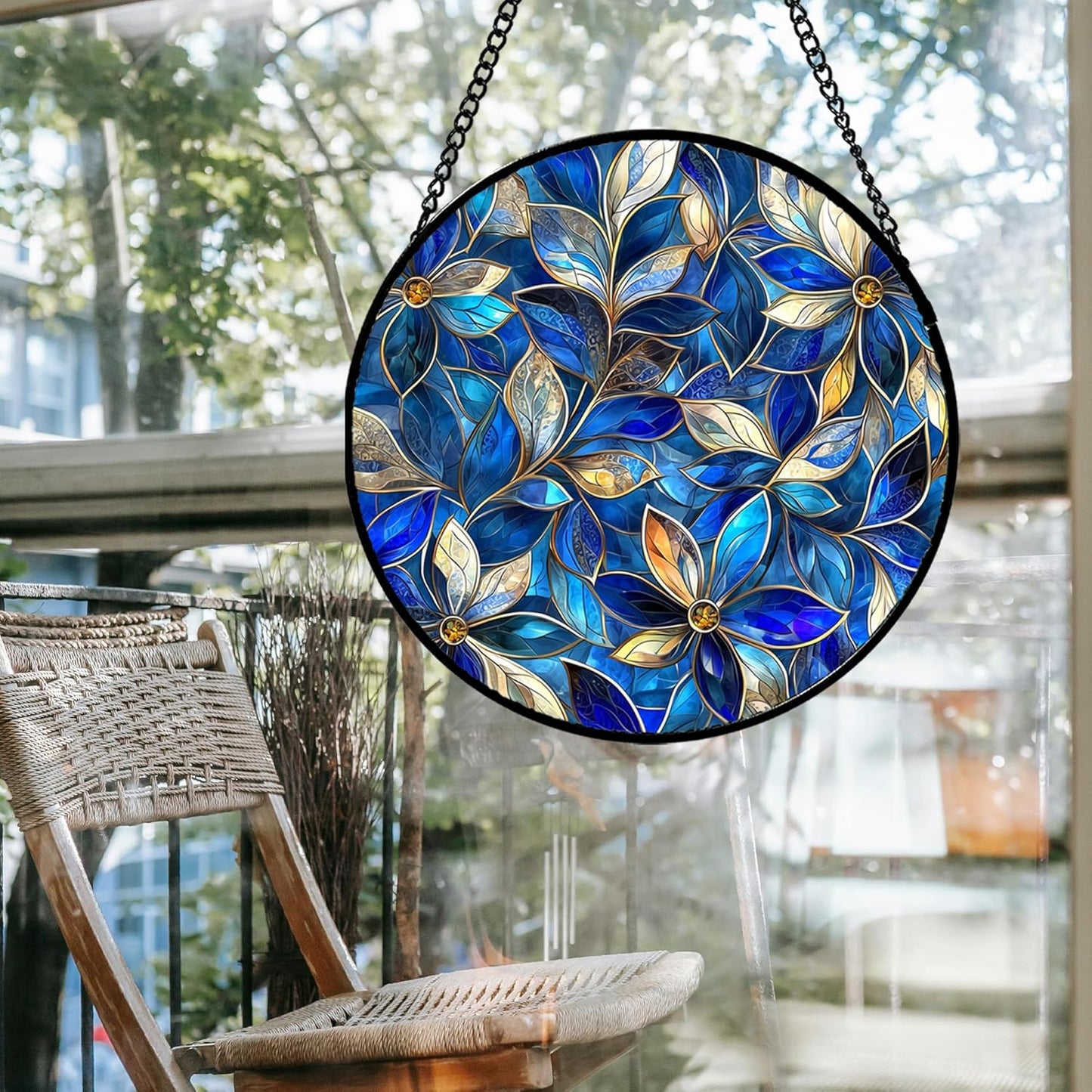 Stained Glass Window Hanging - Blue Gold Abstract Flowers Suncatcher for Door Terrace Garden Home Decor, Plant Sun Catcher Birthday Gifts for Lovers Women Men Dad Mom Nana 6.3 in