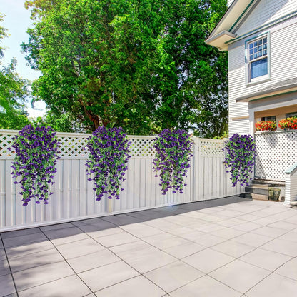 4 Pack Artificial Faux Hanging Flowers Plant for Outdoor, Fake Silk Morning Glory with Eucalyptus UV Resistant Realistic Trailing Vine for Wall Home Porch Patio Balcony Yard Indoor Decor, Purple