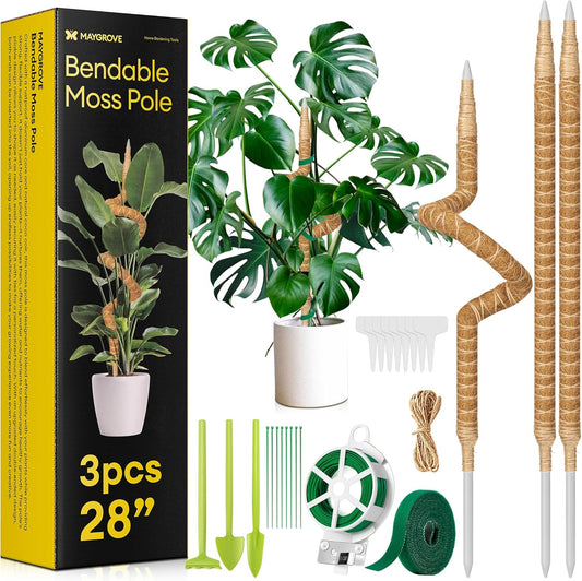 3-Pack 28” Bendable Moss Pole Monstera Plant Support for Climbing Indoors Plants, Coir Moss Poles