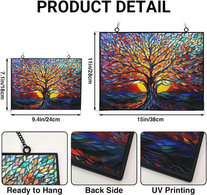 Rectangle Tree of Life Stained Glass Window Hanging Window Suncatcher Glass Panel with Metal Chain Sun Catchers Wall Art Home Decor Gift for Women Mother's Day