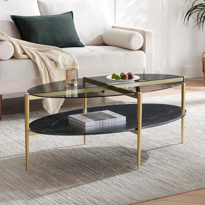 Oval Glass Coffee Table, Mid-Century Modern Design, L43 x W22 x H17 inch, Surfboard Shaped Grey Glass Top and Black Marble Finish Wood Shelf, Tapered Legs with Gold Finish Frame