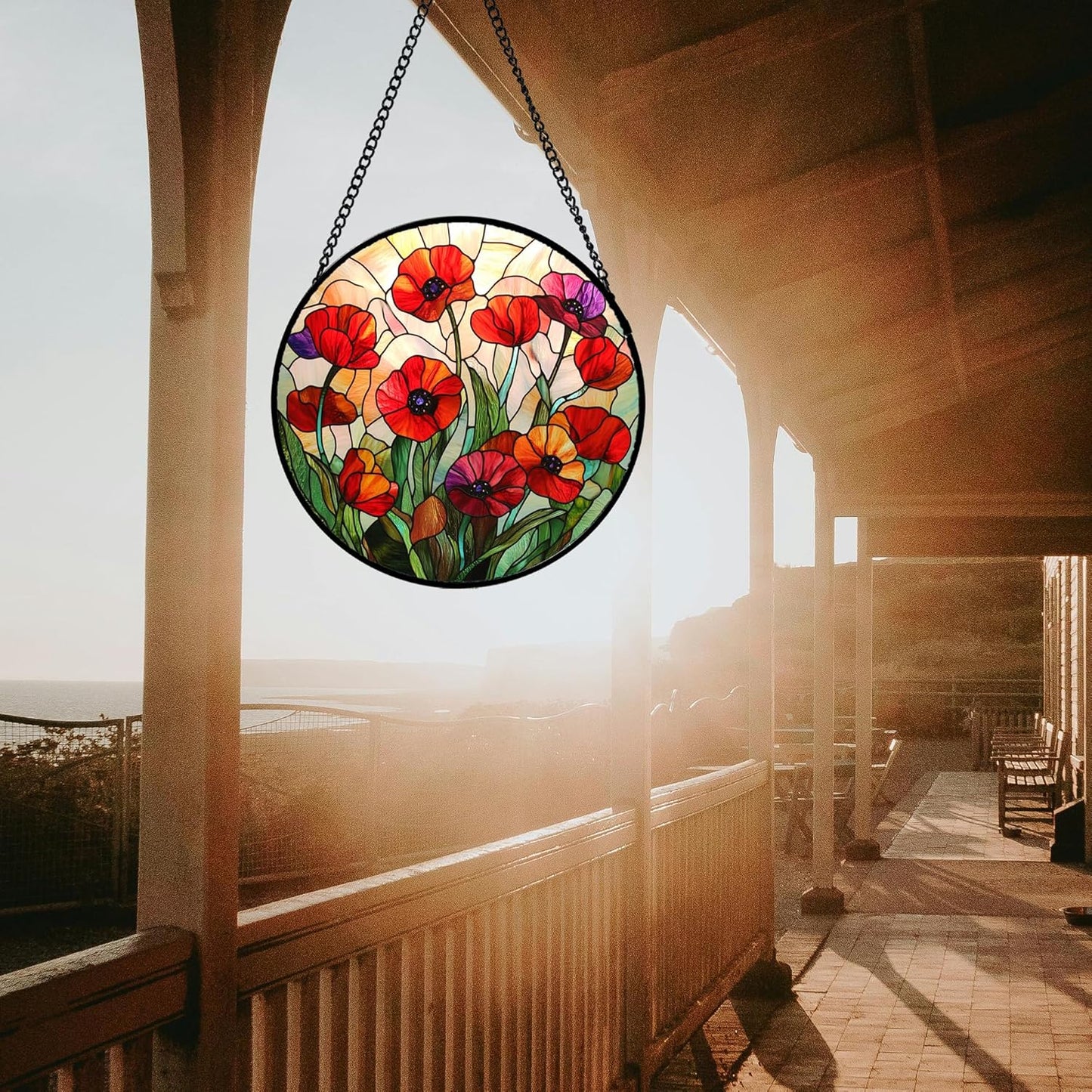Stained Glass Window Hanging - Poppy Birth Flowers Suncatcher for Door Garden Yard Wildflowers Sun Catchers Decor Christmas Mother's Day Birthday Gifts for Women Mom Nana Friend 7.8 in