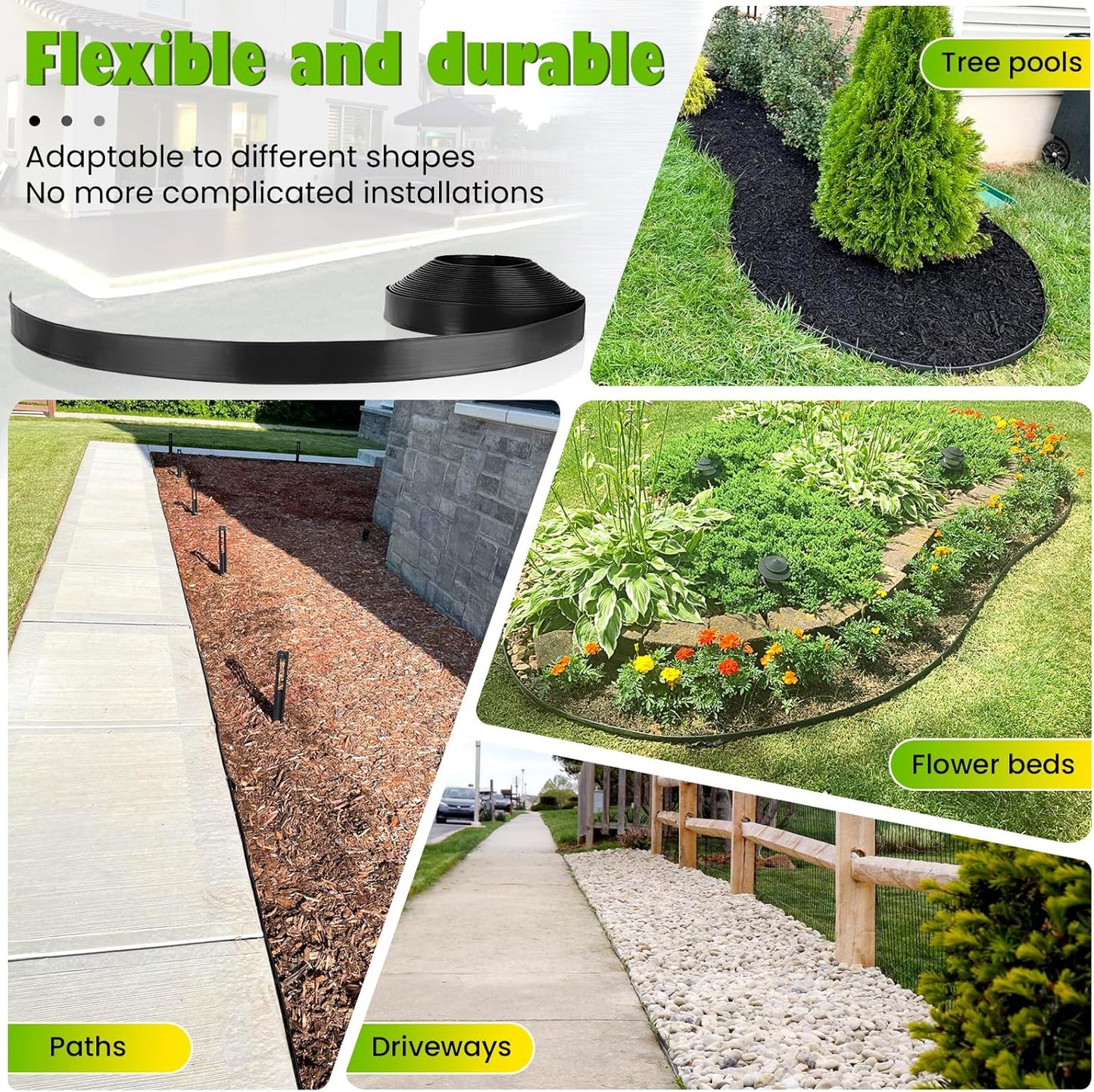 Landscape Edging 2 Inch Tall 100 FT, Garden Edging Coil with 120pcs Spikes, Edging Border Coil for Landscaping, Flower Beds, Lawn, and Yard - Black
